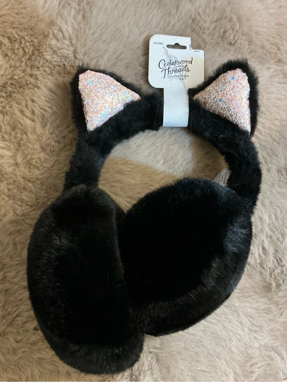 Cedarwood Threads Girls Black Faux Fur Cat Ear Earmuffs Pink Glitter NWT One Siz